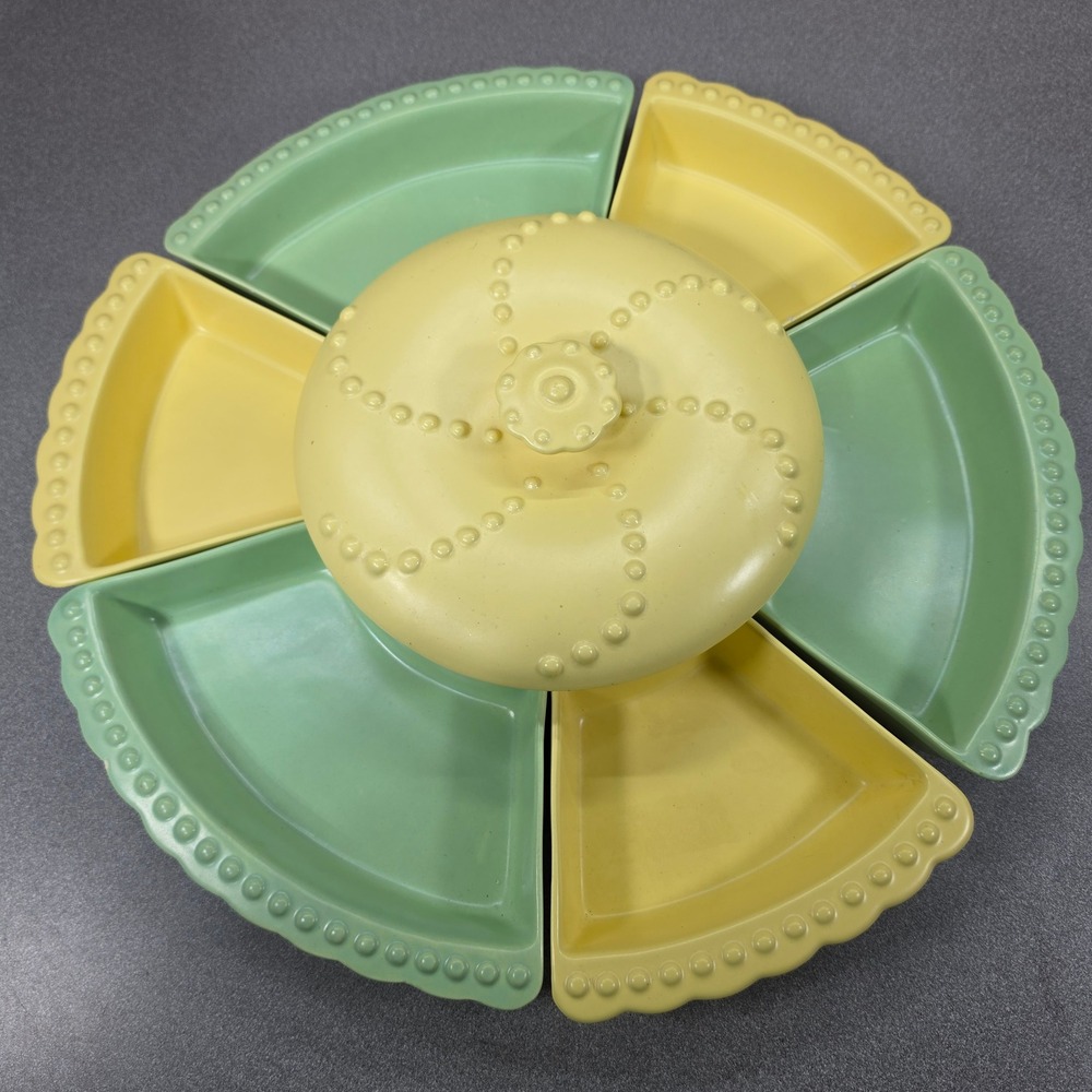 California Pottery Vintage Lazy Susan 8 Piece Serving Set Rare Color Combo
